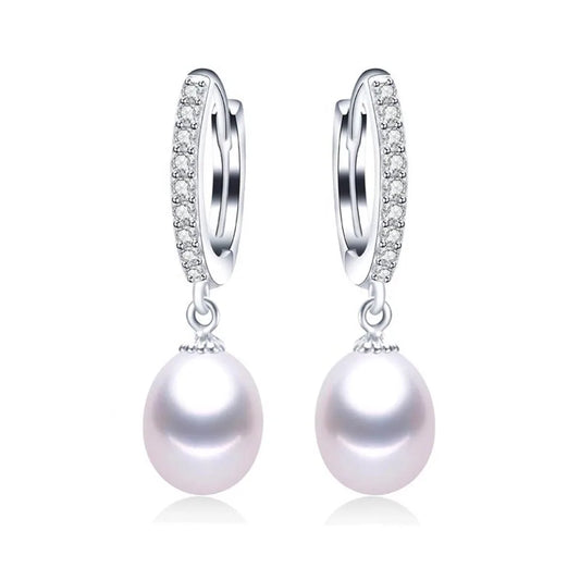 Simple 925 Silver 8-9mm Pearl Earring for Women Real Natural Freshwater Pearl Rice Round Hoop Earrings Fashion Jewelry Gifts