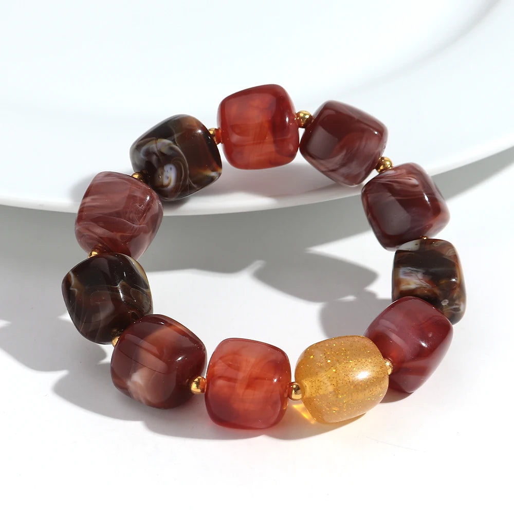 New Multicolor Acrylic Geometric Bead Bracelet for Women Trendy Resin Irregular Square Elastic Bracelets Handmade Jewelry Gift