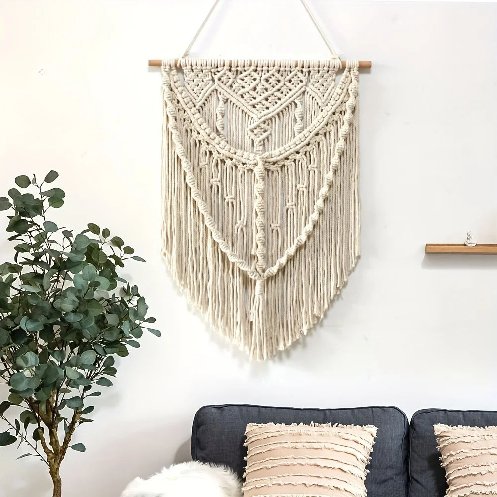 1pc Cotton Bohemian Tapestry Hand-woven Tapestry With Tassel, Macrame Wall Hanging For Bedroom Living Room Home Decor