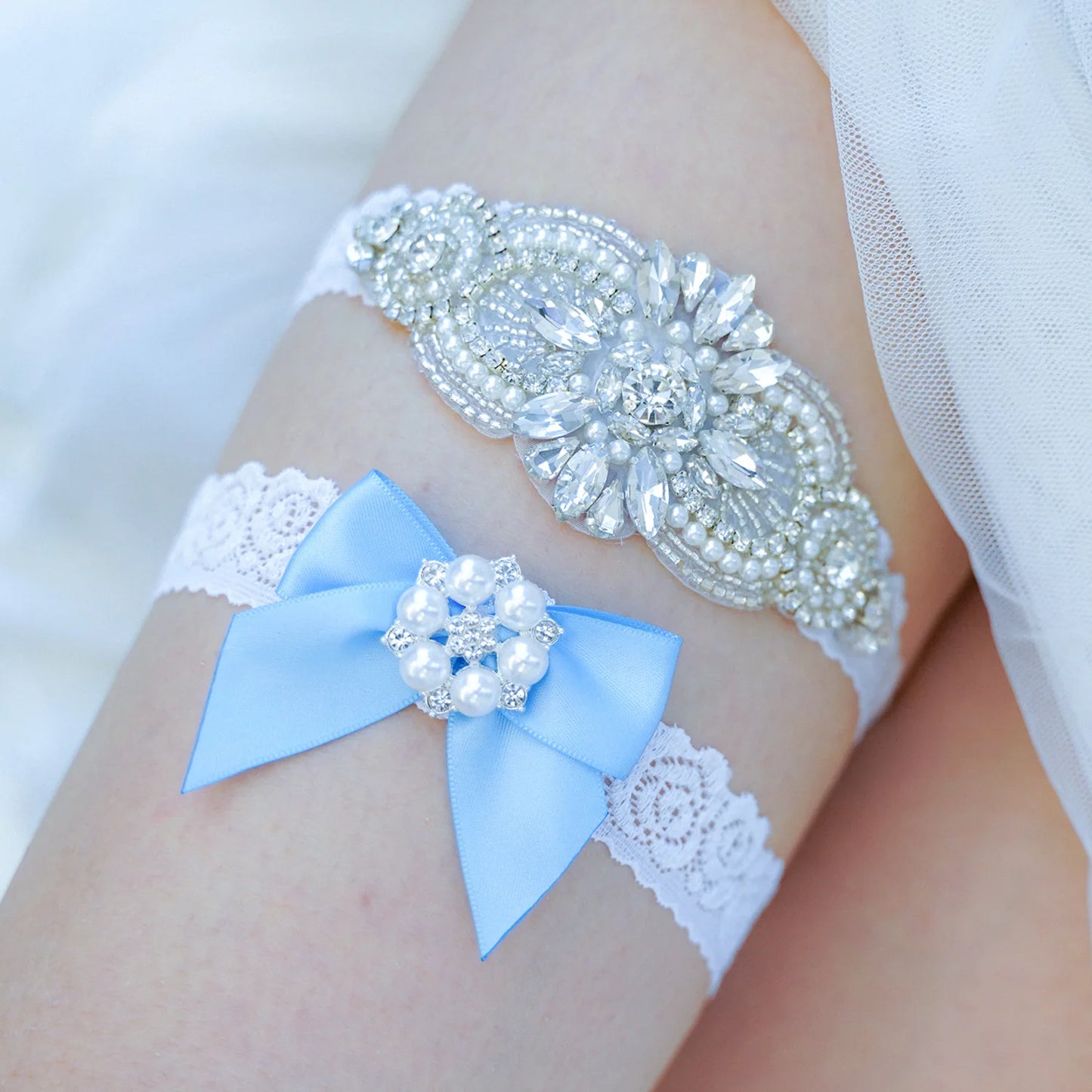Lace Leg Wedding Bridal Garters Bride Silver Rhinestones Pearls Women Thigh Decoration Ring