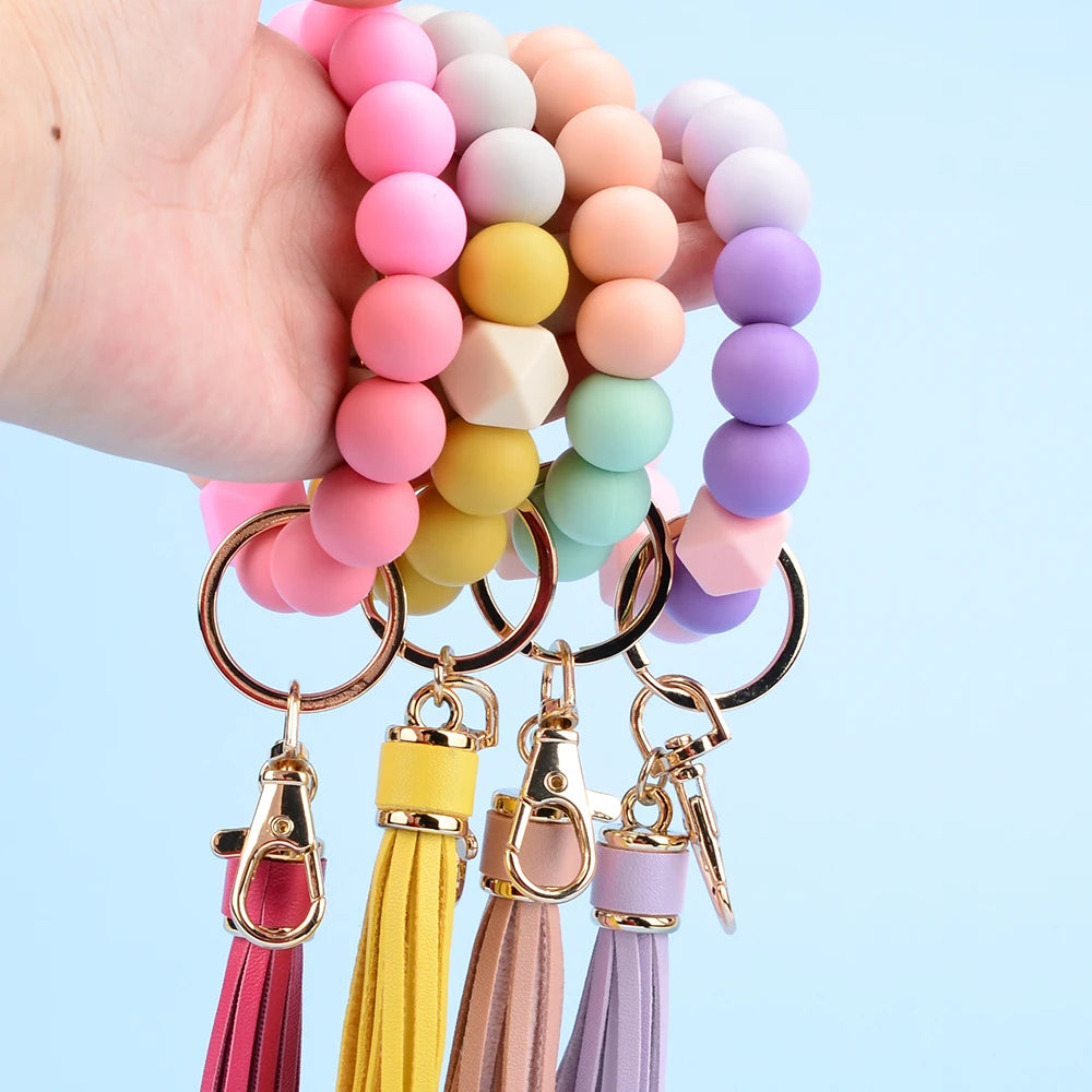 LOFCA Silicone Key Ring Bracelet Women Beaded Bangle Keychain Walletchain Wristlet Leather Tassel Silicone Beads BPA Free