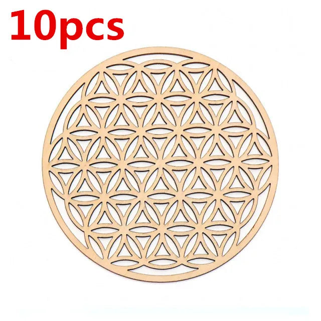 10pcs/lot  Flower of Life Natural Symbol Wood Round Edge Circles Carved Coaster For Stone Crystal Set DIY Decor Mats Pads