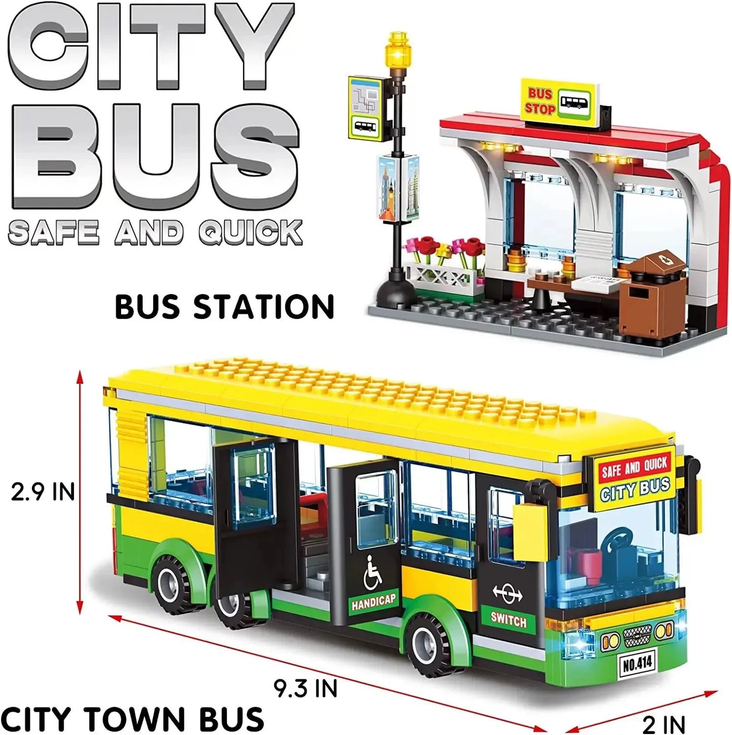 City Car Yellow Passenger School Bus Station Single-Deck Public Set Figures Model Building Blocks DIY Toys For Children Gifts