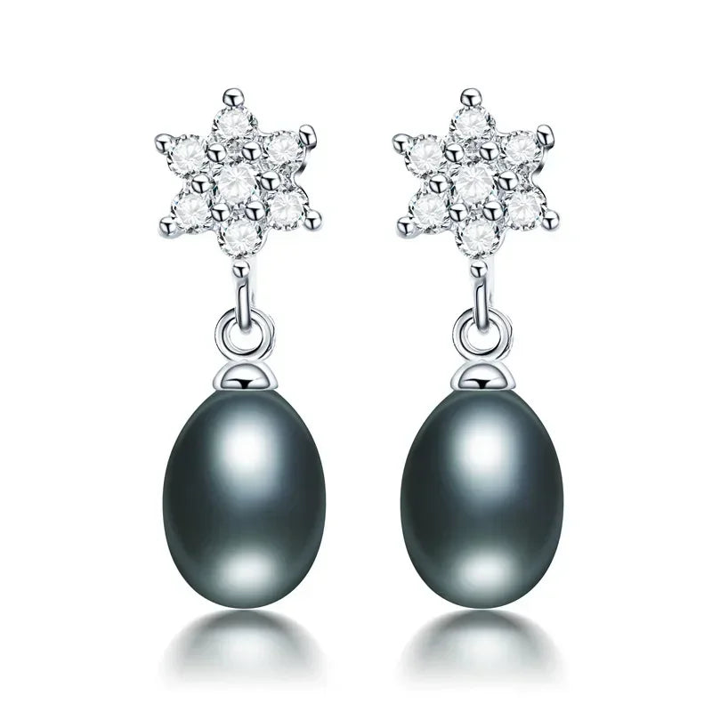 YWYC 8-9mm Natural Freshwater Pearl Earrings Jewelry Gift Hexagram Star 925 Sterling Silver Zircon Drop Earrings for Women