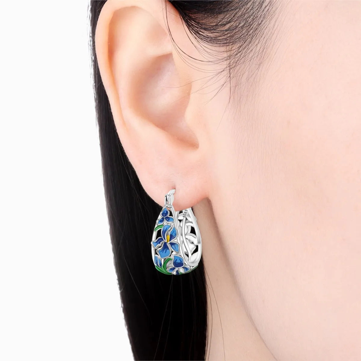 Orstarry S925 Sterling Silver Earrings Exquisite Blue Horseshoe Lotus Orchid Iris Flower Earrings For Women Birthday Gift