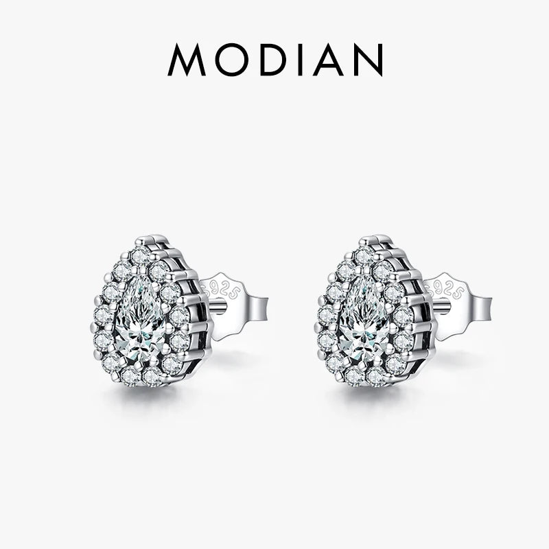 MODIAN Real 925 Sterling Silver Luxury Stud Earrings For Women Water Drop Sparkle Zircon Ear Stud Wedding Engagement Jewelry