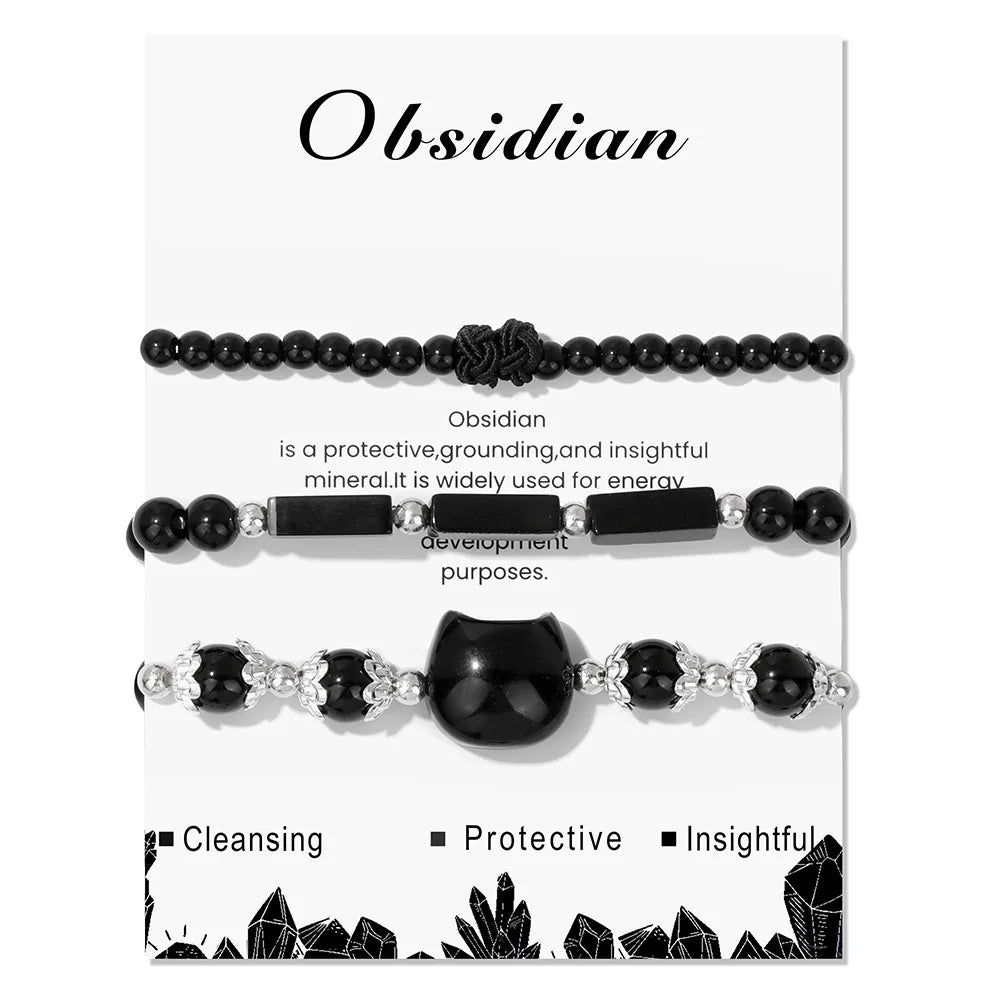 3pcs/set Natural Stone Tiger Eye Turquoises Bracelet Rose Quartzs Crystal Beads Charm Bracelets Cat Head Jewelry for Women Gift