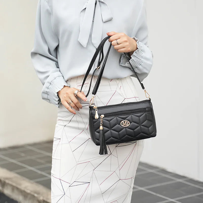 Hemasa Double Zipper Crossbody Diamond Lattice Shoulder Bag Tassel Decoration  Zipper handBag