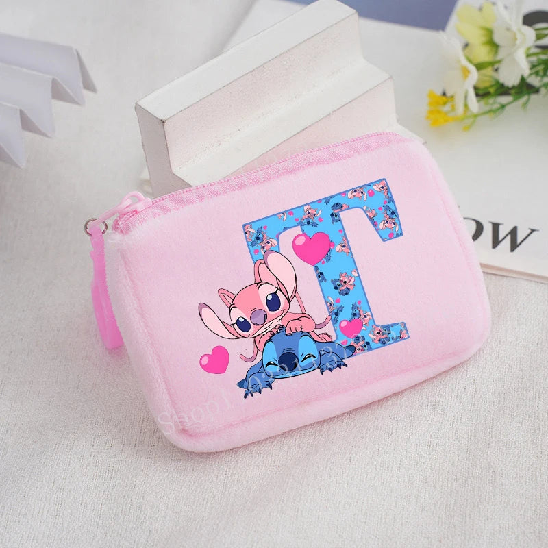 Disney Stitch Plush Coin Purse Cute Anime Cartoon A-Z Letter Stich Printed Wallet Kawaii Girls Earphone Storage Zipper Bag Gifts