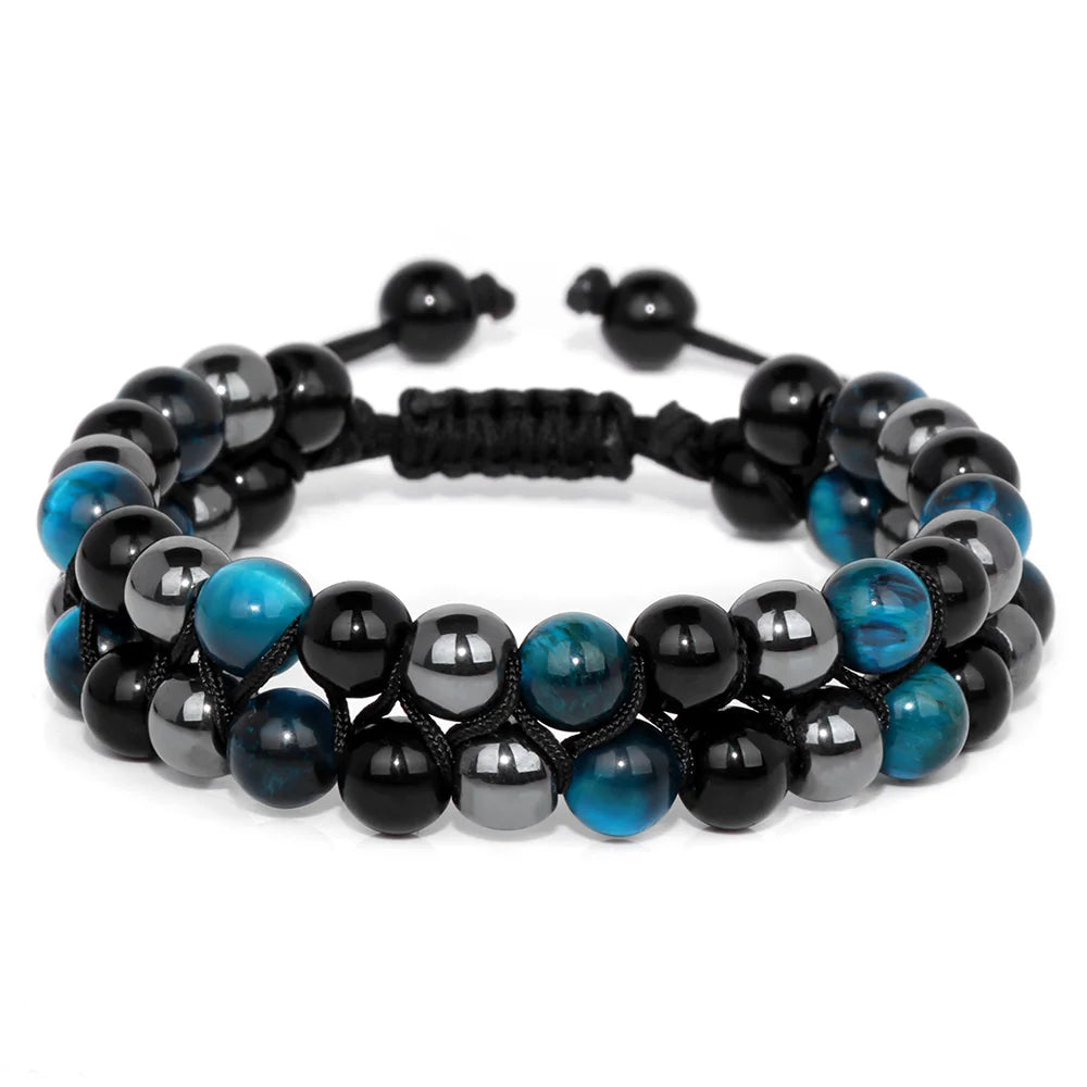 Tejesa Triple Protection Bracelet 6mm Beads Black Obsidian Hematite Tiger Eye Rope Bracelet for Men Women Weight Loss Slimming Bangle