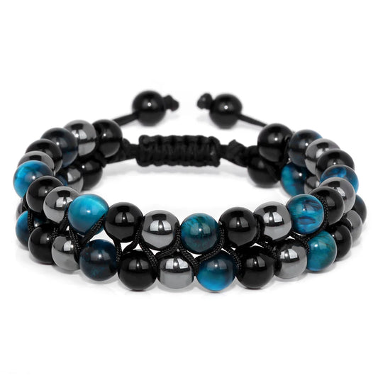 Tejesa Triple Protection Bracelet 6mm Beads Black Obsidian Hematite Tiger Eye Rope Bracelet for Men Women Weight Loss Slimming Bangle