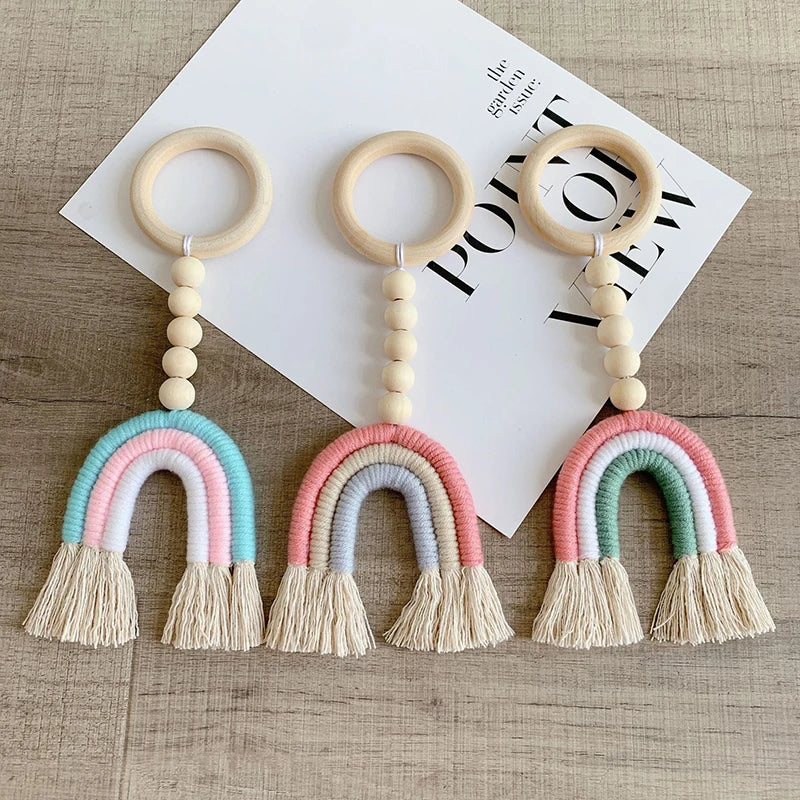 Handmade Woven Cotton Rope Rainbow Decoration Natural Wooden Bead Tassels Garland String Wall Hanging Ornament Home Decoration