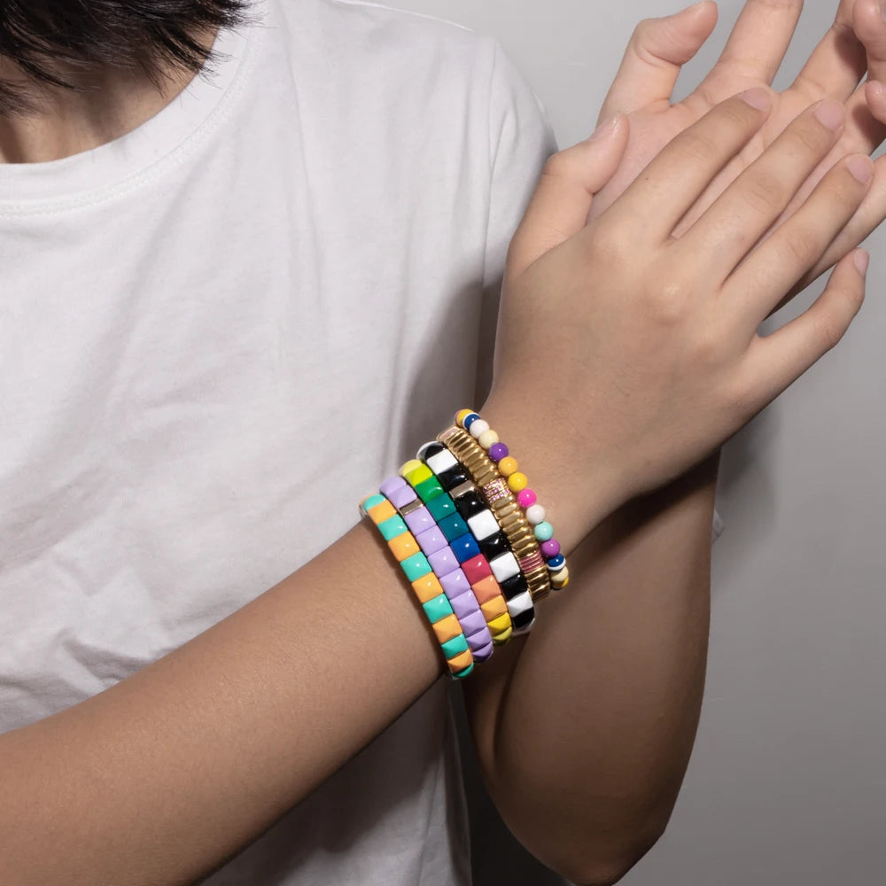 Tejesa Colorful Enamel Square Shape Rhombus Faced Bohemain Geometric Elastic Bracelets For Women