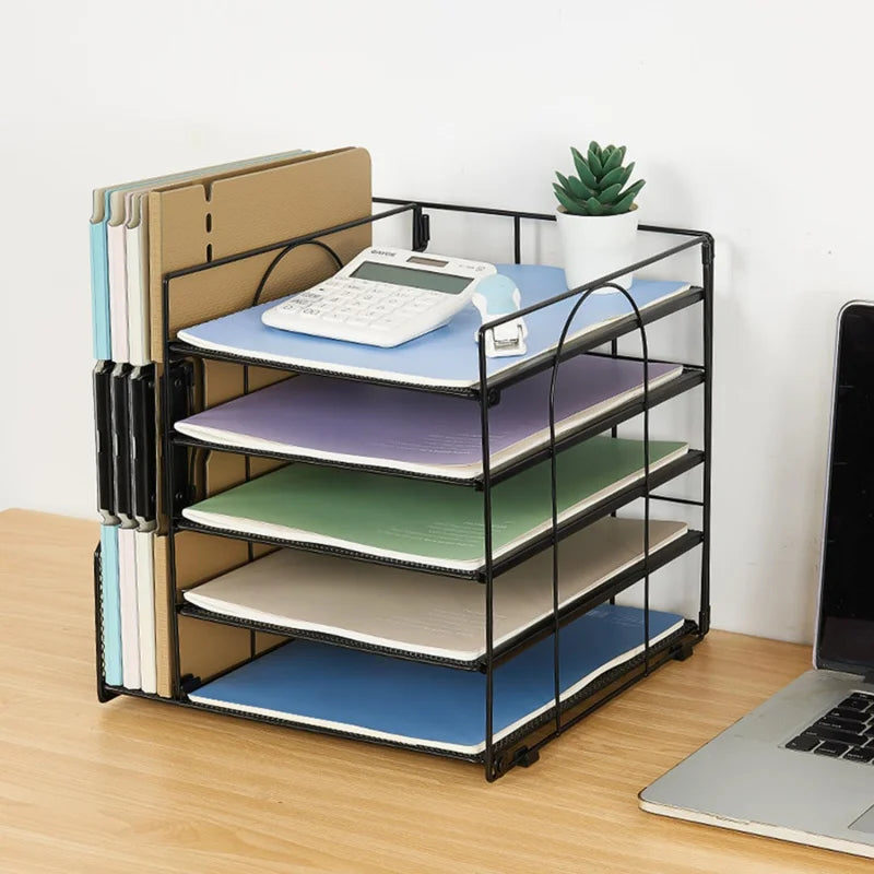 5 - Tier Paper Letter Tray Organizer with File Holder: Office Supplies Desktop Organizer