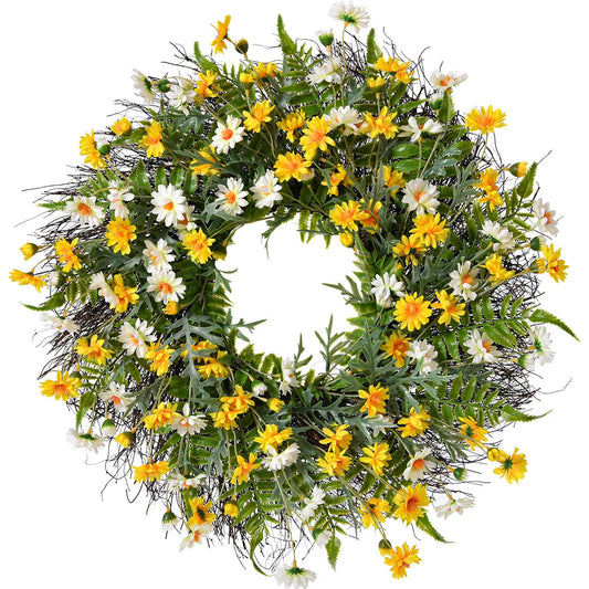 22'' Yellow Daisy Wreath Spring Summer Fake Silk Floral with Green Eucalyptus Leaves for Front Door Window Wall Farmhouse Decor