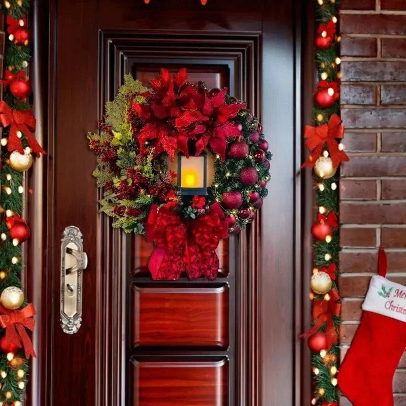 45cm Red Wreath With Lamp For Front Door Red Ball Flower Garland Xmas Ornament Window Wall Hanging Decor Christmas Decorations