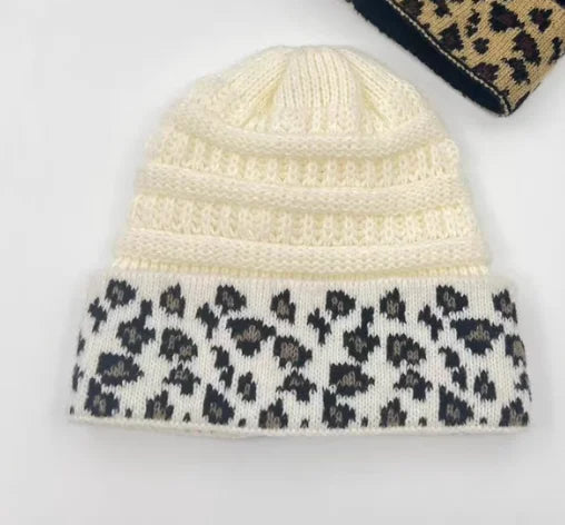 Tejesa Autumn and winter plush woolen hat/  Women's adult warm leopard print knitted hat