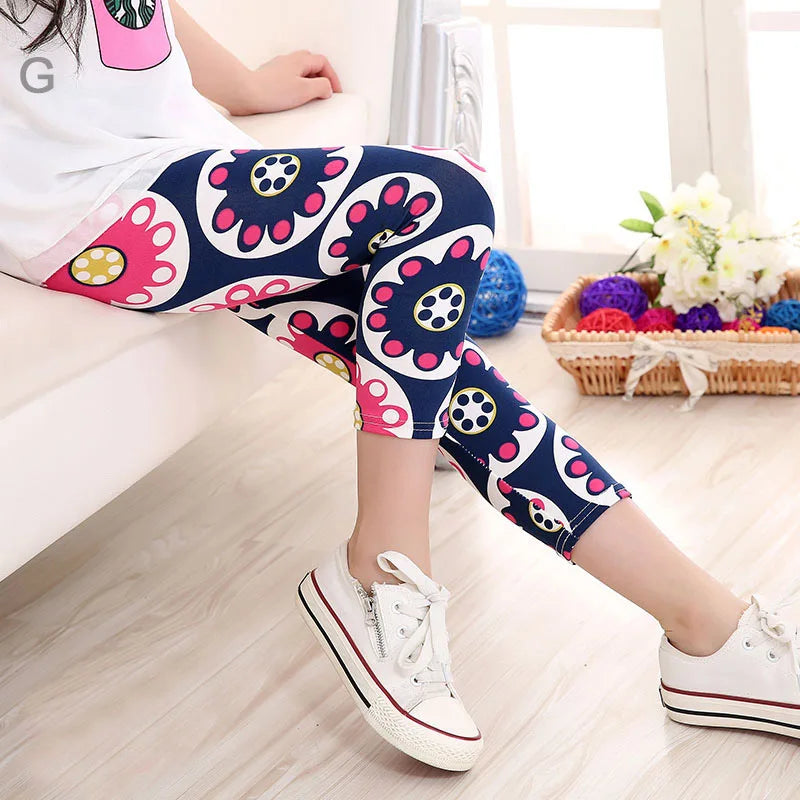 Hemasa 3-10years Girls Cropped Trousers Floral Print Flower Kids Calf Length Skinny Pants Stretch Leggings Children All-matches Bottoms