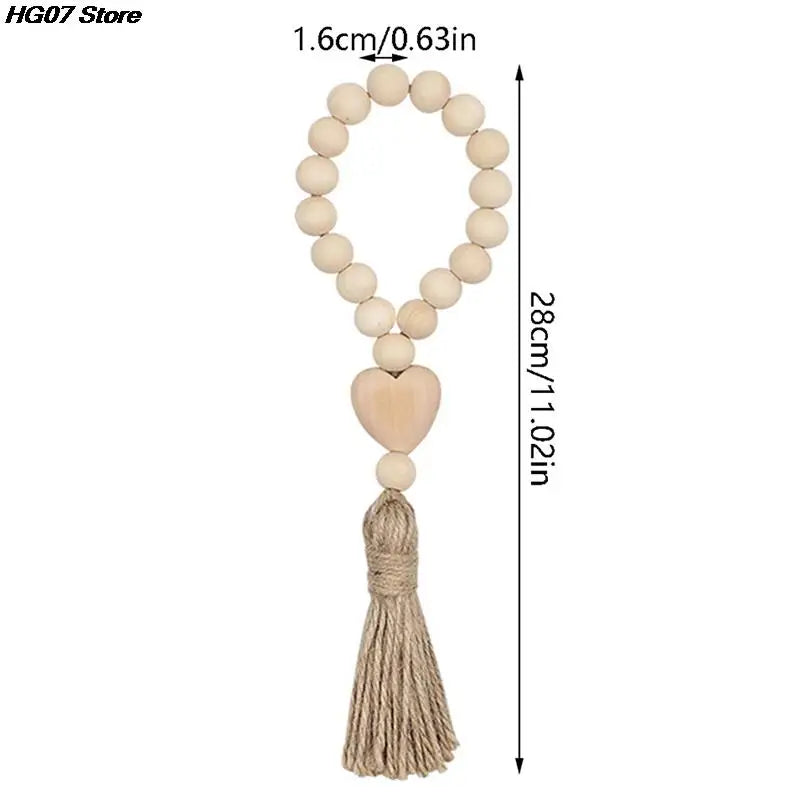 New 1Pc Log Color Wood Bead Garland Rustic Wall Hanging Hemp Rope Tassel Beaded with Heart Knot Woven Pendant Home Decoration