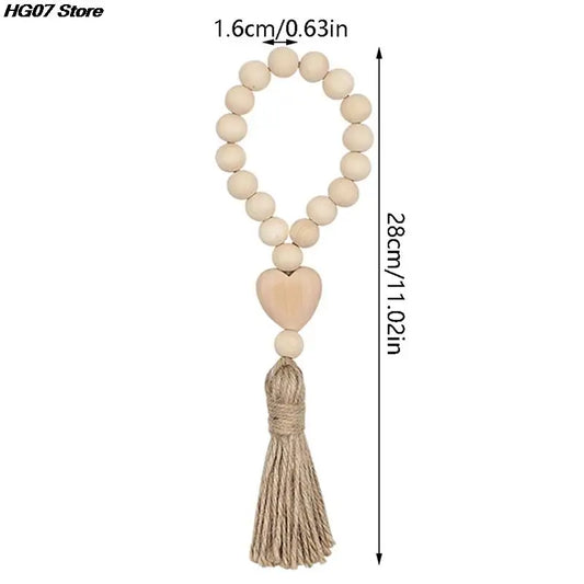 New 1Pc Log Color Wood Bead Garland Rustic Wall Hanging Hemp Rope Tassel Beaded with Heart Knot Woven Pendant Home Decoration
