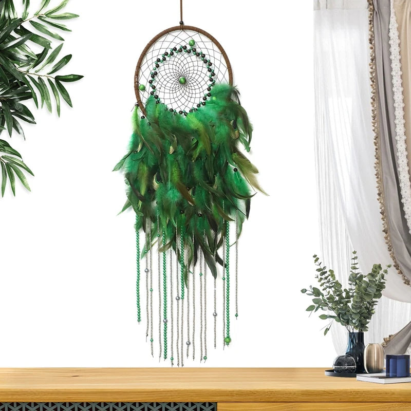 Tejesa Green Feathers Dream Catcher Large Window Hangings Home Decorations Bedroom Ornaments Wall Pendants For Girls Holiday Gift