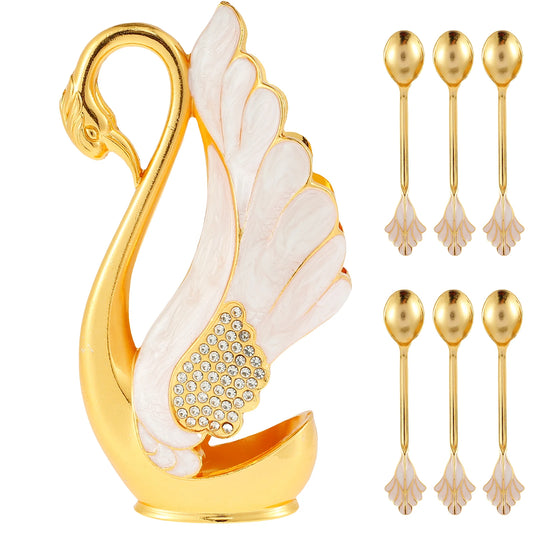 6Pcs Zinc Alloy Teaspoon For Dessert Ice Cream Stirring Coffee Small Spoons with Swan Base Holder Mini Gold Spoon Kitchen Gadget