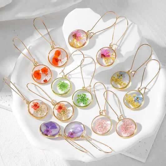 Colorful Flower Hoop Earrings Women Natural Pressed Flower Dangle Earrings Unique Design Boho Style Statement Jewelry Wholeslae