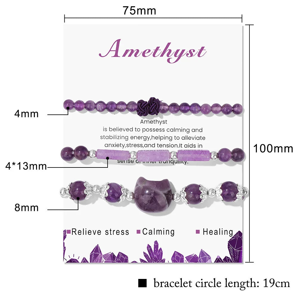 3pcs/set Natural Stone Tiger Eye Turquoises Bracelet Rose Quartzs Crystal Beads Charm Bracelets Cat Head Jewelry for Women Gift