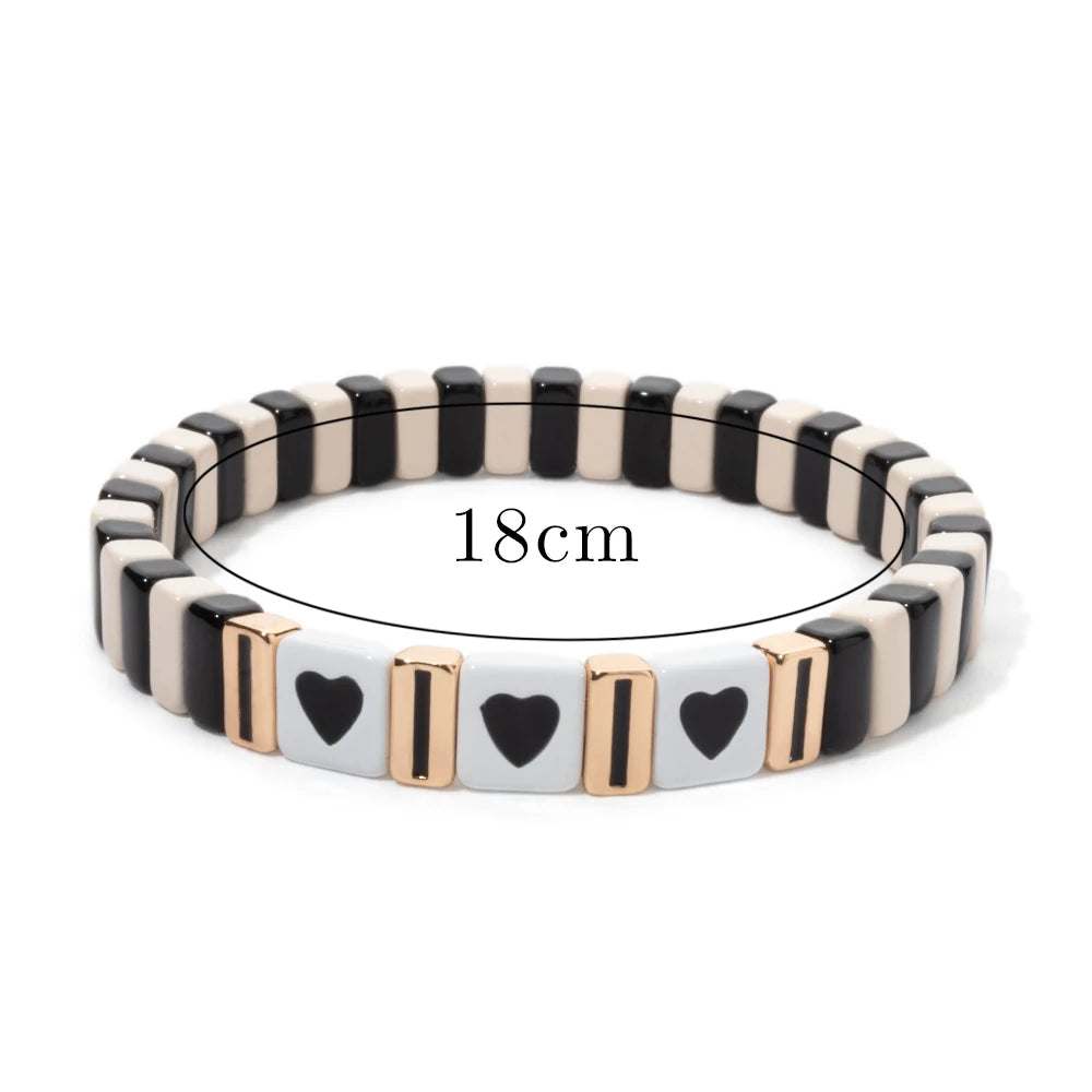 Hemasa Enamel Tile Women Bracelet Set Drip Oil Black&White Series Elastic Heart Bangle