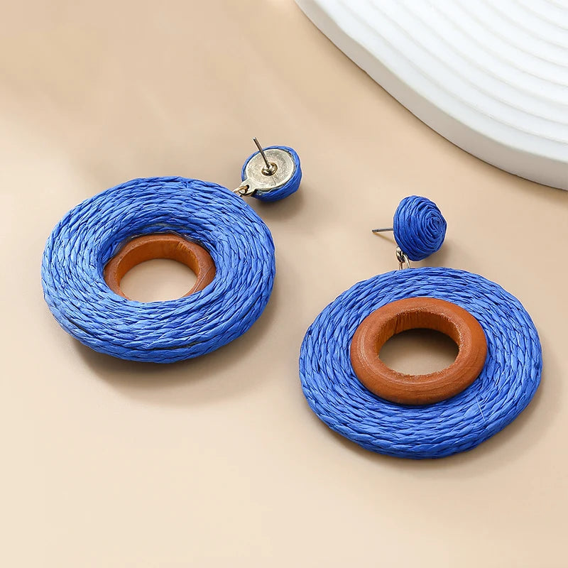 Hemasa Long Drop Raffia Wood Dangle Post Earrings For Women/ Multi Color Trendy New Style Fashion Jewelry