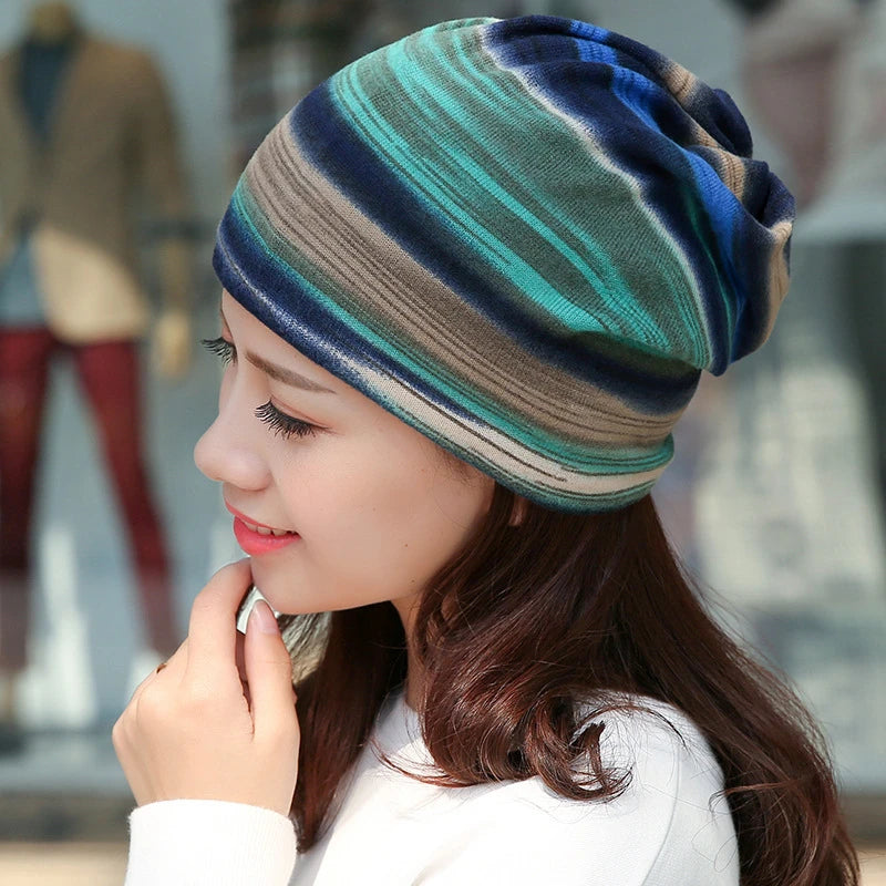 Rainbow Striped Spring Autumn Beanies Cap Soft Thin Knitted Warm Dual-use Skullies Mask Snood For Men Women Casual Pullover Hat