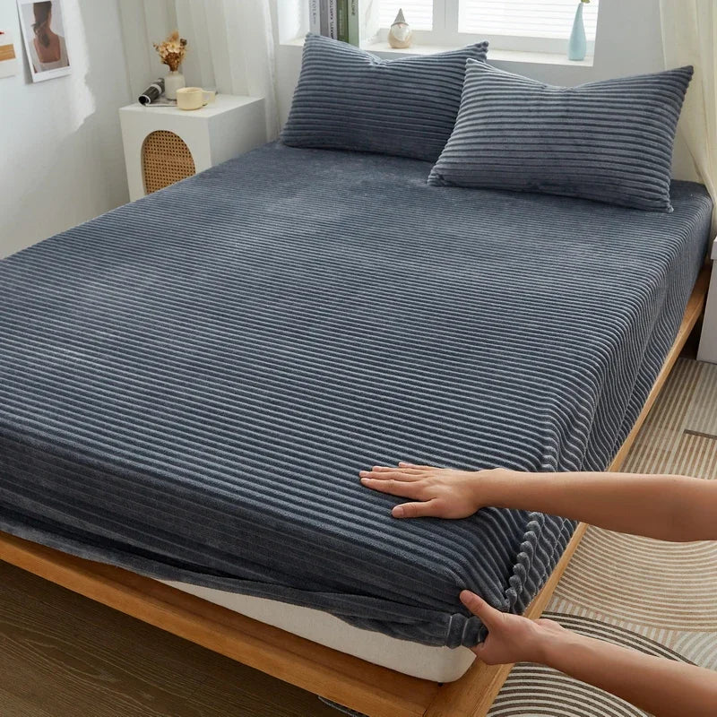 Grey Winter Warm Coral Fleece Fitted Sheet Elastic Mattress Cover Fluffy Plush King Size Bedding Home Textiles