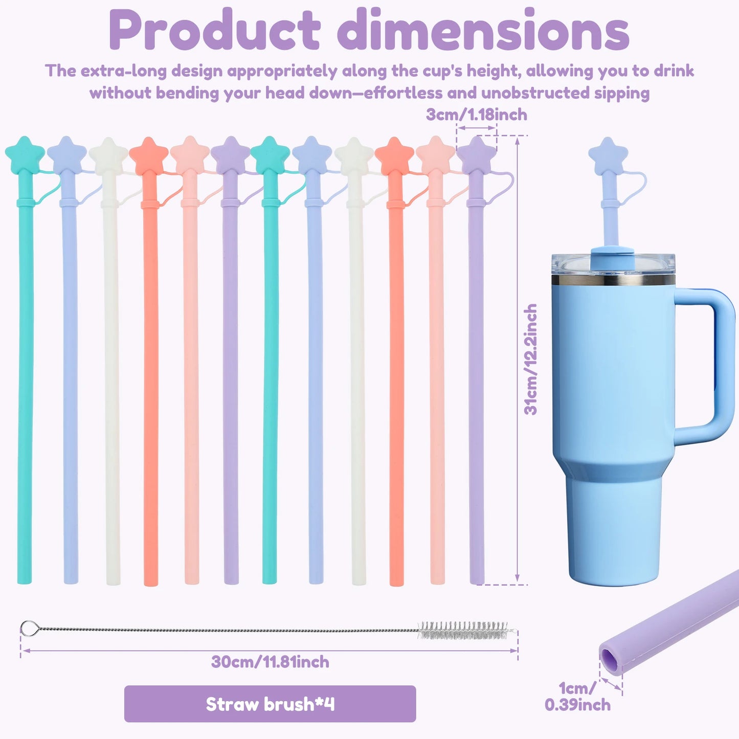 Tejesa 12Pcs Silicone Straws 12 Inch Soft Straw with Cover Reusable Cup Straw for Children Drinking Water Drinks Juice Smoothies Straws