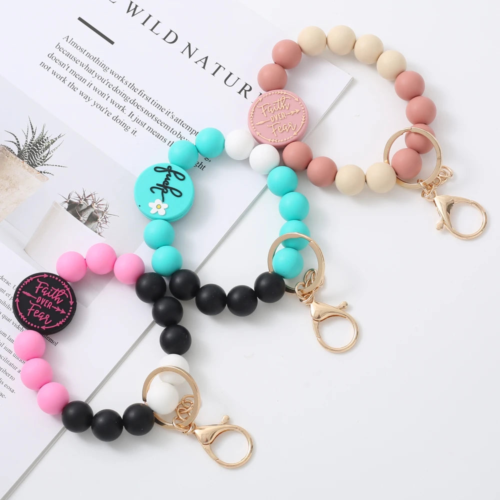 Fashion Bracelet Keychain Colorful Silicone Beaded Keyring Women Girl Car Bag Key Accessory Pendant Valentine's Day Jewelry Gift