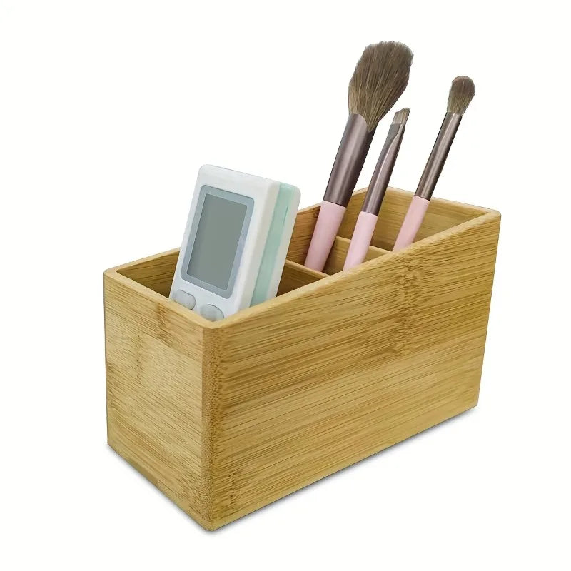 Wooden 4-Slot Remote Control Organizer Box - Desktop Storage for TV AC Remotes and Smartphones