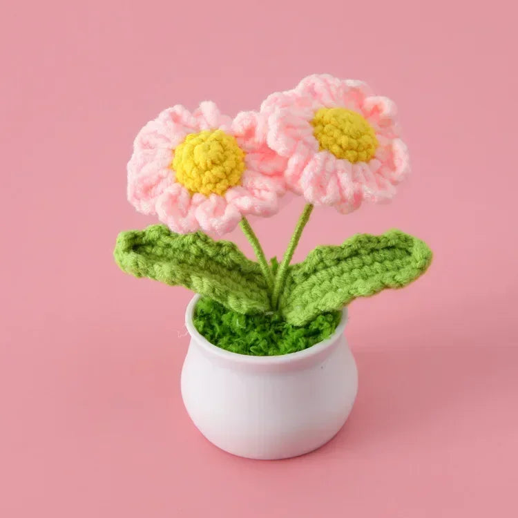 Hemasa Cute Daisy Crochet Flowers Potted Woven Flower Creative Artificial Flowers Car Office Table Decor Handwoven Plant Flor Tejida
