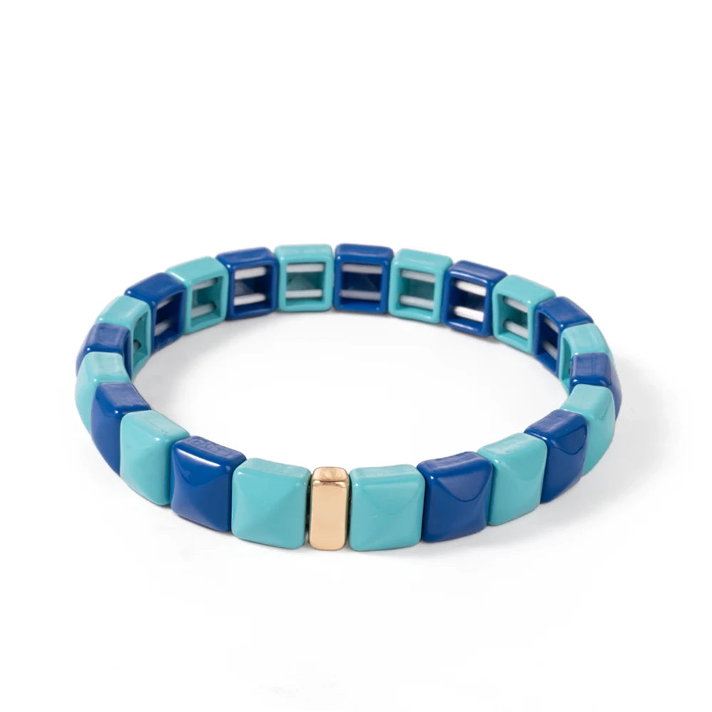Tejesa Colorful Enamel Square Shape Rhombus Faced Bohemain Geometric Elastic Bracelets For Women