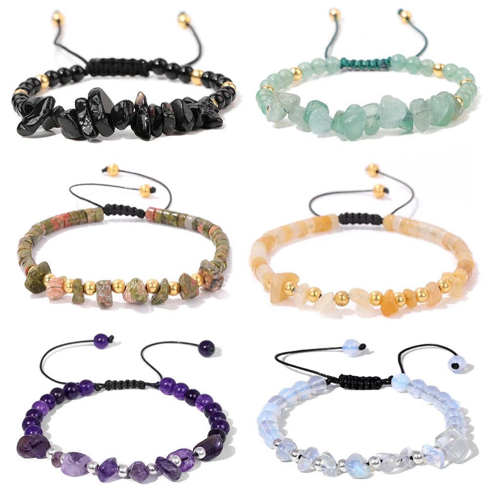 Tejesa Irregular Natural Gem Crystal Stone Beads Bracelet Braided Obsidian Aventurine Amethysts Aquamarin Opal Chip Bracelets For Women