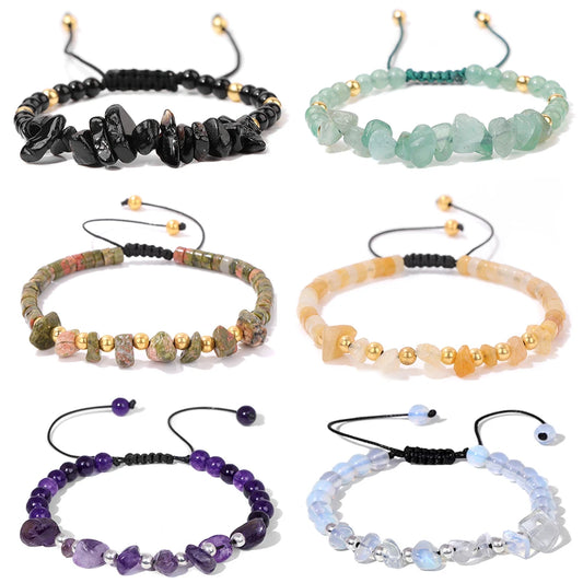 Tejesa Irregular Natural Gem Crystal Stone Beads Bracelet Braided Obsidian Aventurine Amethysts Aquamarin Opal Chip Bracelets For Women
