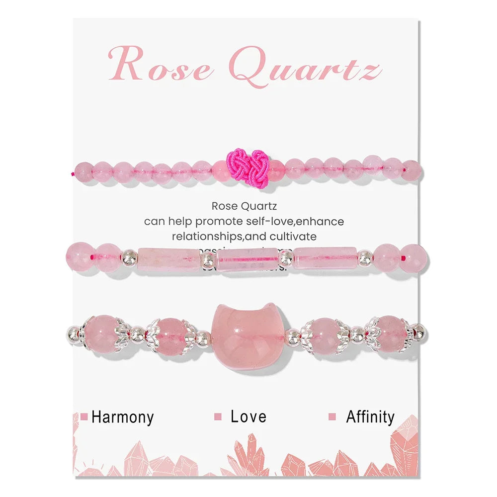 3pcs/set Natural Stone Tiger Eye Turquoises Bracelet Rose Quartzs Crystal Beads Charm Bracelets Cat Head Jewelry for Women Gift