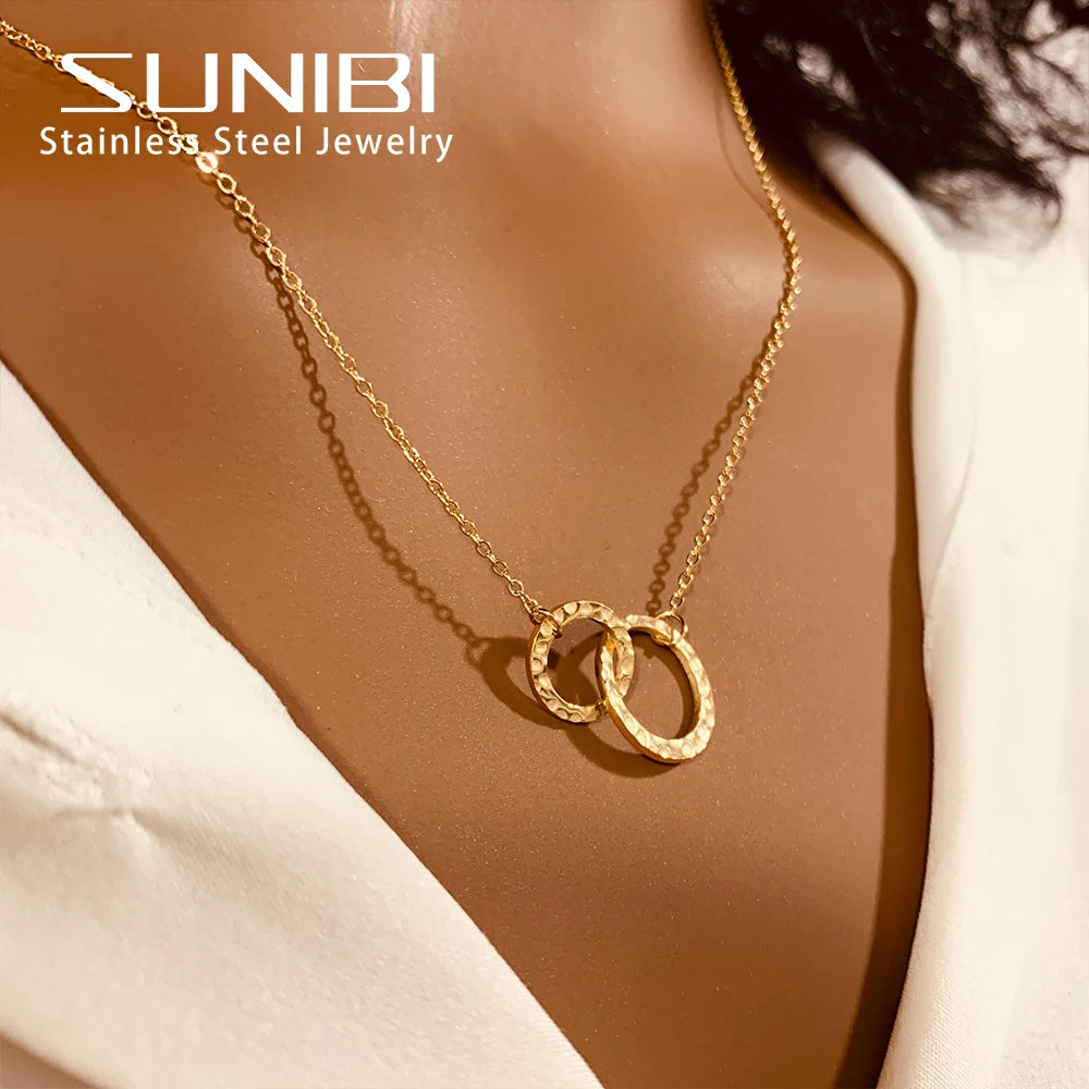 Stainless Steel Necklaces for Women Fashion Thin Chain Minimalist Dainty Double Circle Pendant  Necklace on The Neck Jewelry