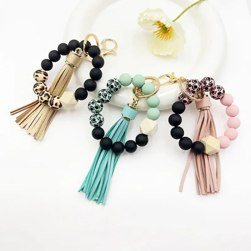 Silicone Tassel Beaded Bag Accessories Cross-Border Keychain Hand Bracelet Jewelry Decoration from Mainland China