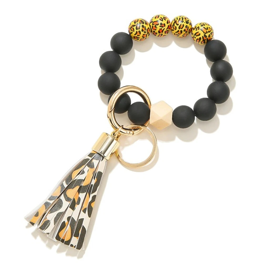 Silicone Keychain For Keys Tassel Wood Beads Bracelet Keyring For Women Multicolor Beads Keychain Fashion Keychain Wholesale
