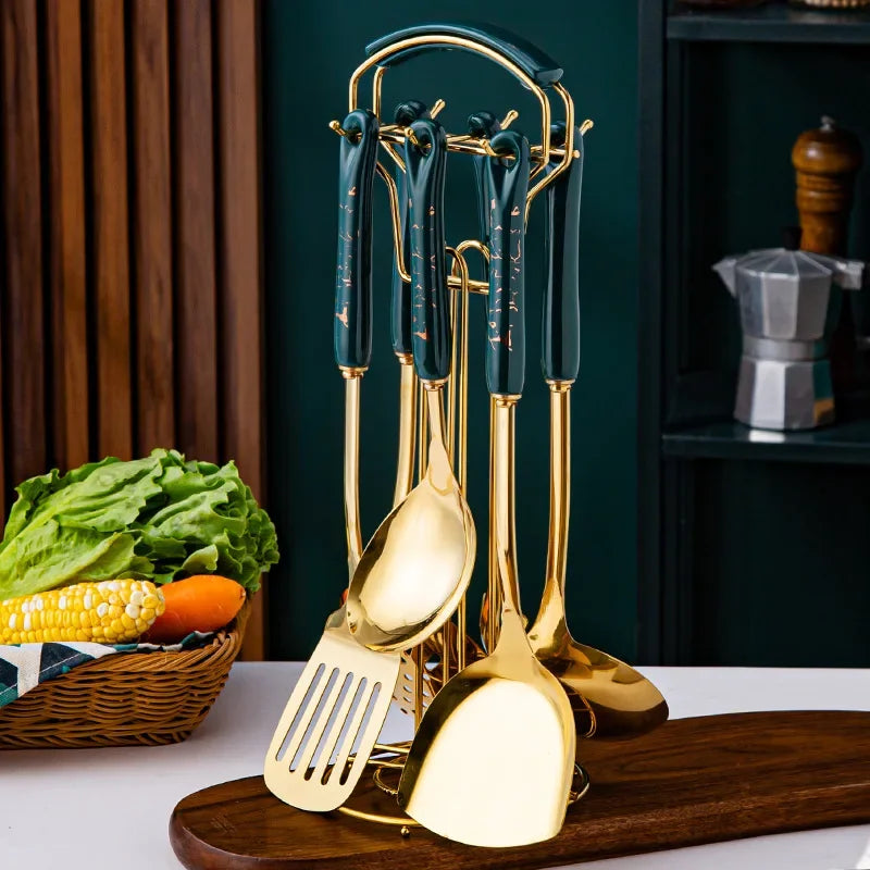 Hemasa 7pcs Stainless Steel Spatula Soup Spoon Kitchenware Set Cooking Spatula /Ceramic Handles