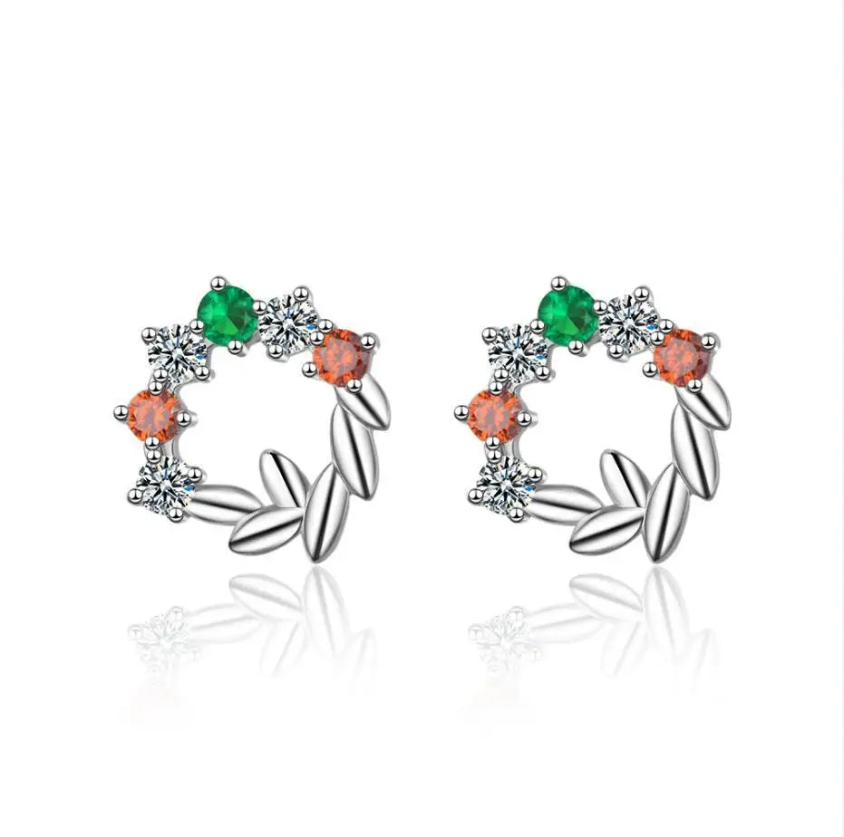 Real 925 Sterling Silver Zircon Round Crystal Leaves Stud Earrings Gold Color Fine Jewelry For Women Accessories