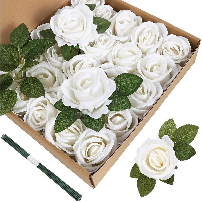 Artificial Flowers Velvet Roses 50 PCS Real Look Roses Bouquet Flowers for DIY Wedding Party Baby Shower Home Decoration