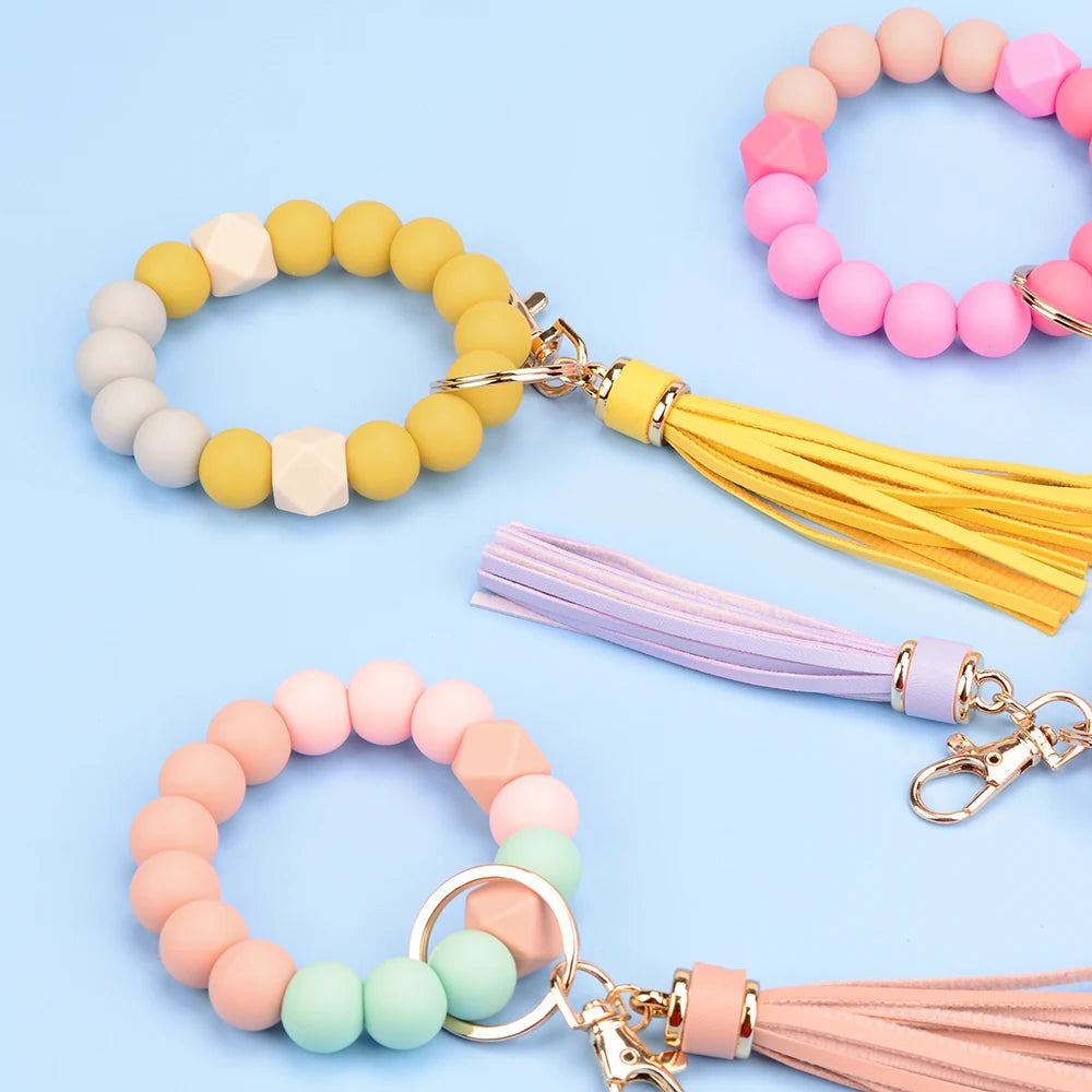 LOFCA Silicone Key Ring Bracelet Women Beaded Bangle Keychain Walletchain Wristlet Leather Tassel Silicone Beads BPA Free