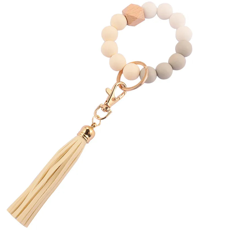 Hemasa  Silicone Wood Beads Keychain Keyring For Women Wristlet Bracelet Pendant Keychain With Jewelry Accessories