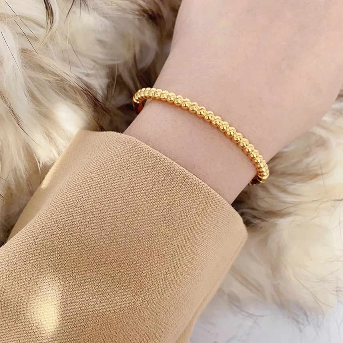 Hemasa  Gold and Silver Round Ball Beaded Bracelets Bangles / Stainless Steel Twist Balls Dots Bead Bangle for Women Jewelry