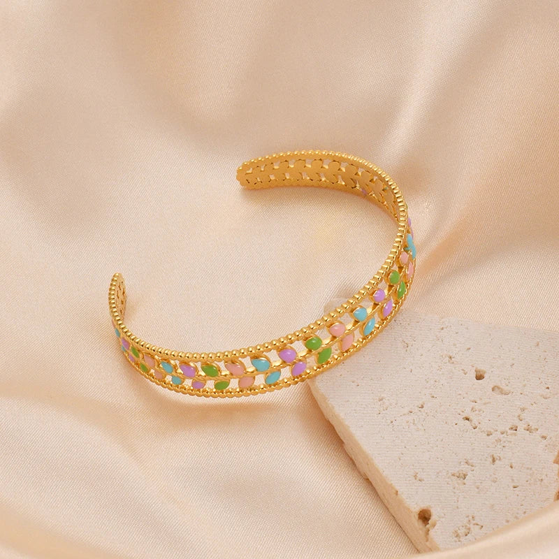 Stainless Steel Leaf Drip Oil Cuff Bangles For Women Girl Wrist Jewelry Gold Color Squares Adjustable Bangles Mom Gifts